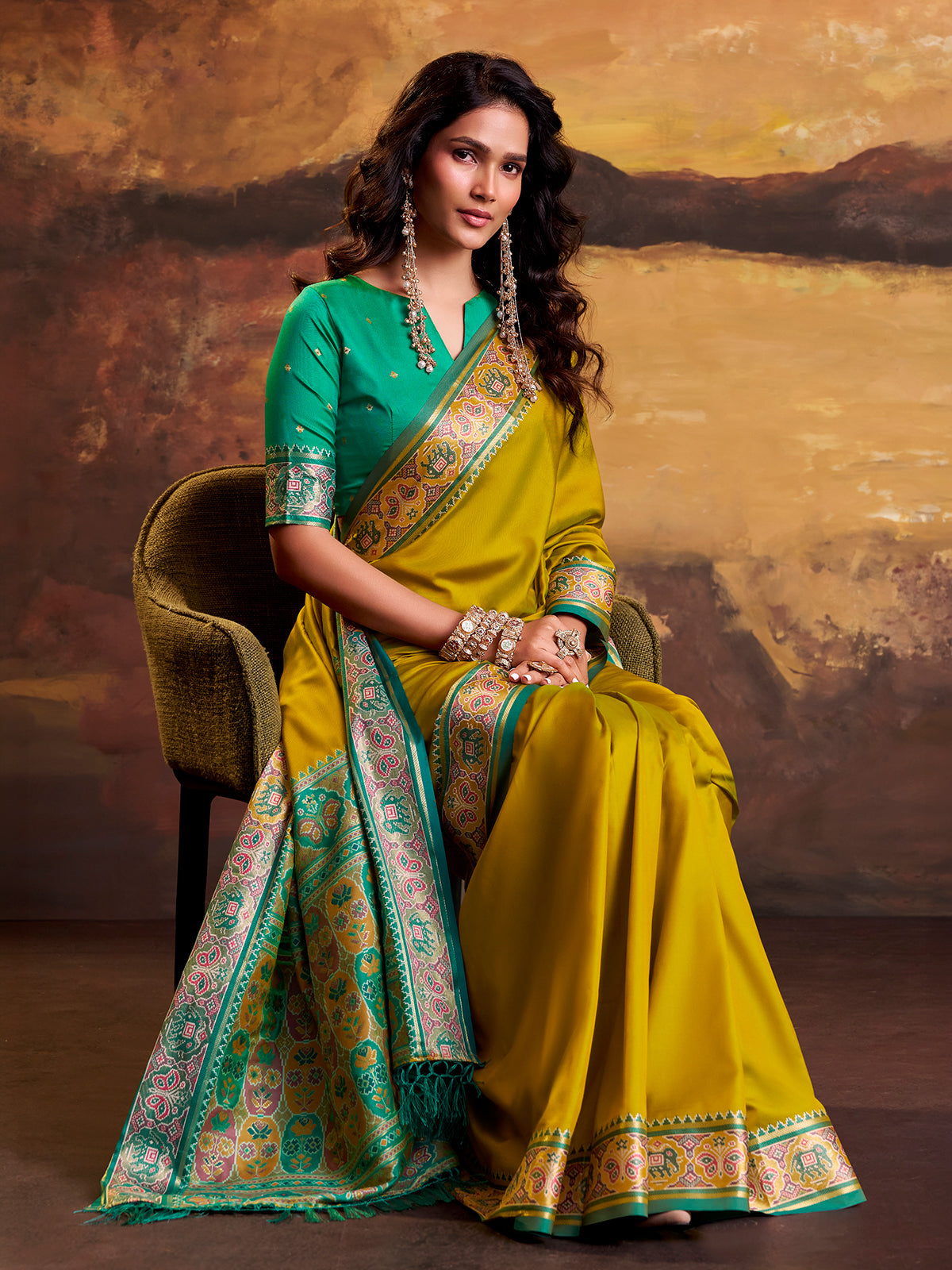 Olive traditional ikat patola saree