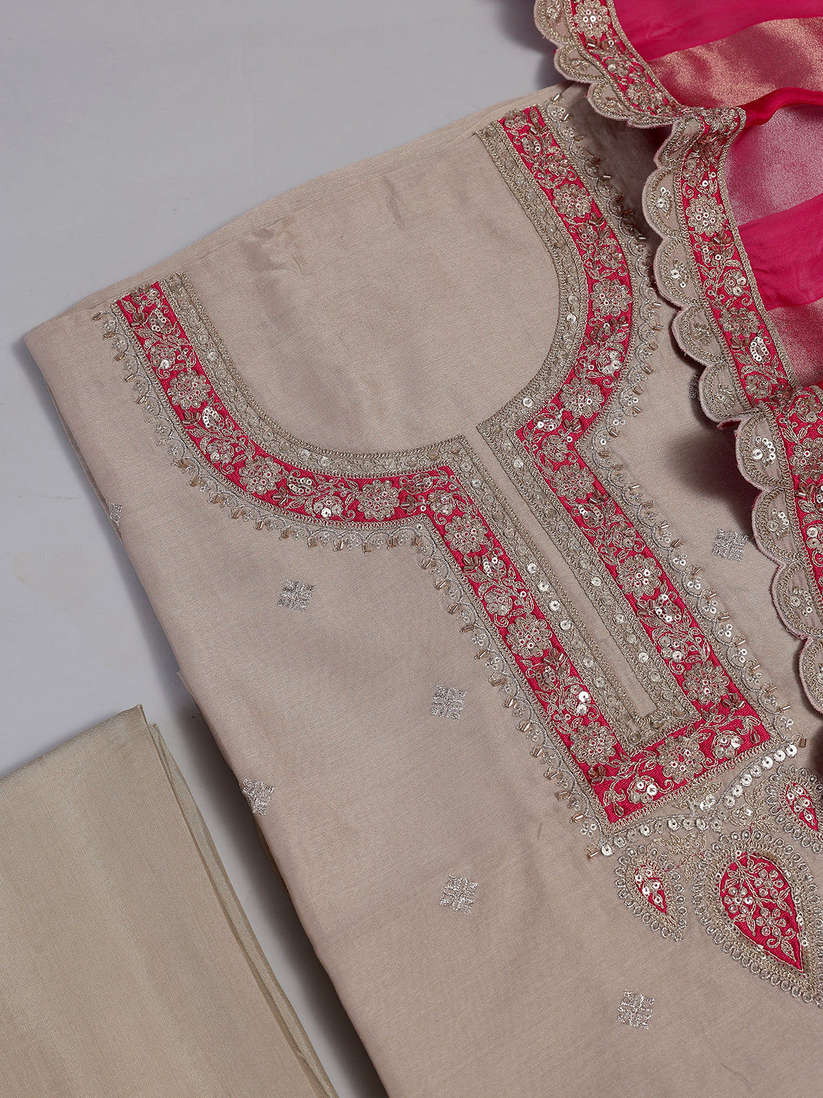Beige cotton silk embroidered salwar suit with contrast dupatta