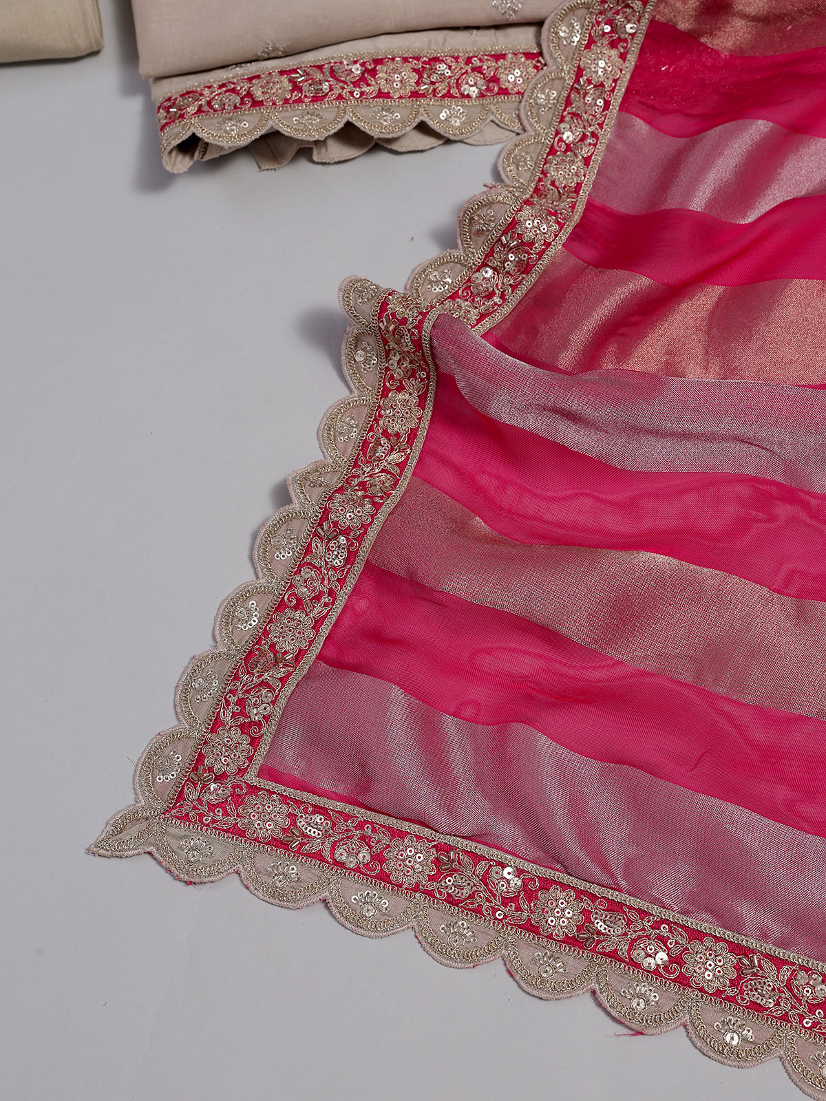 Beige cotton silk embroidered salwar suit with contrast dupatta