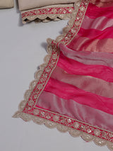 Beige cotton silk embroidered salwar suit with contrast dupatta