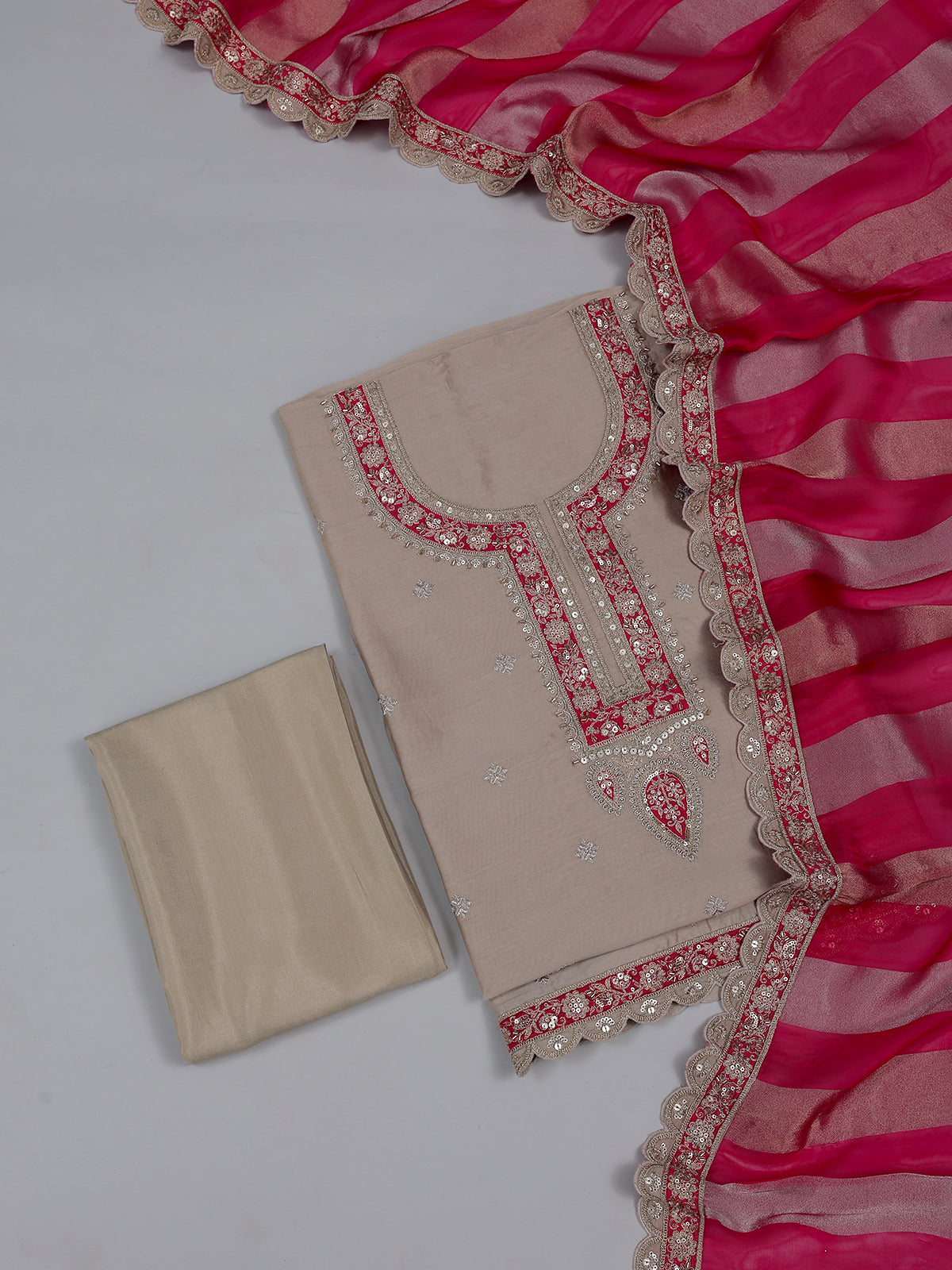 Beige cotton silk embroidered salwar suit with contrast dupatta