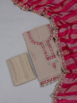 Beige cotton silk embroidered salwar suit with contrast dupatta