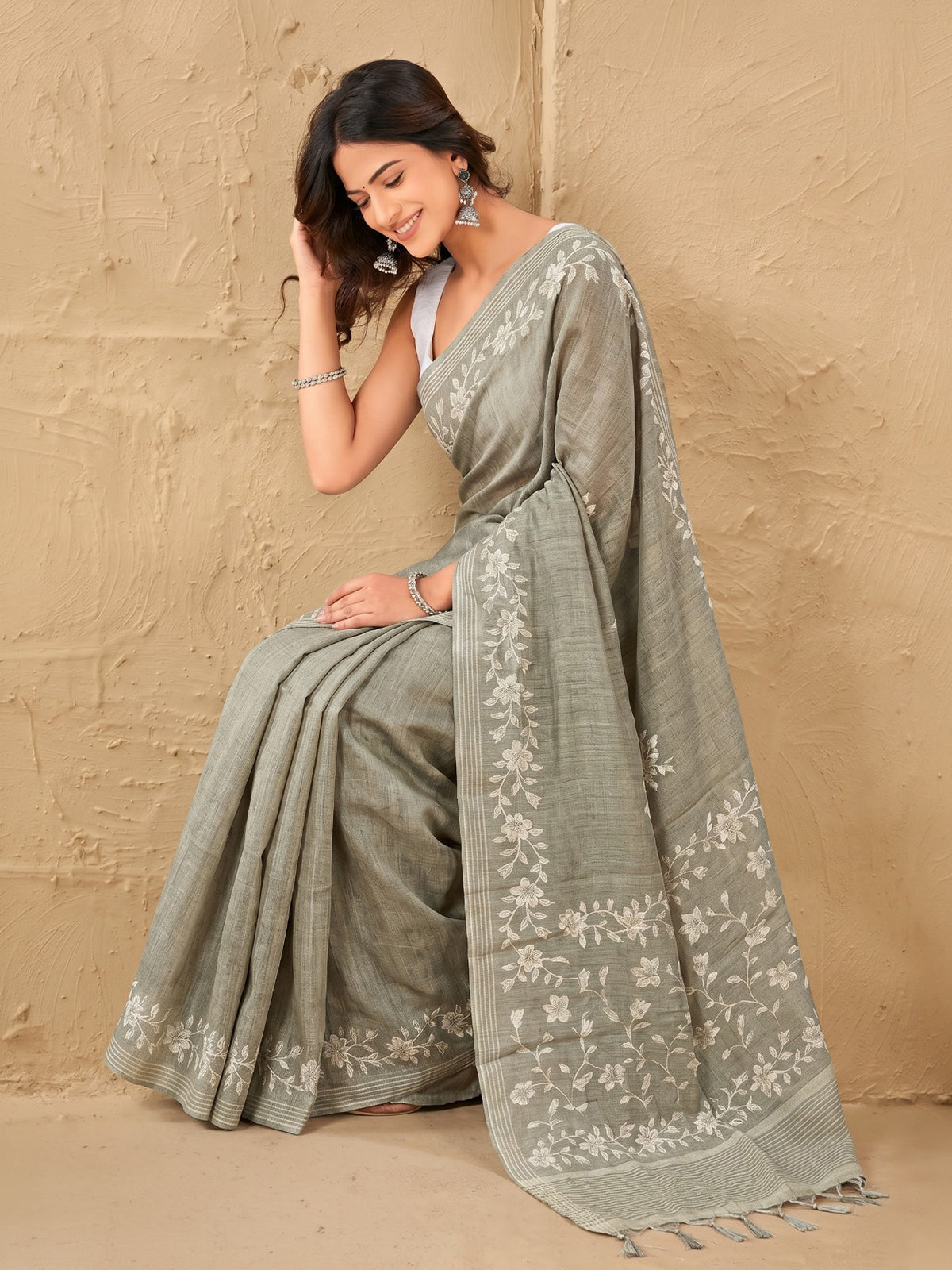 Light olive floral saree with earthy sophistication