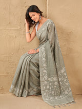 Light olive floral saree with earthy sophistication