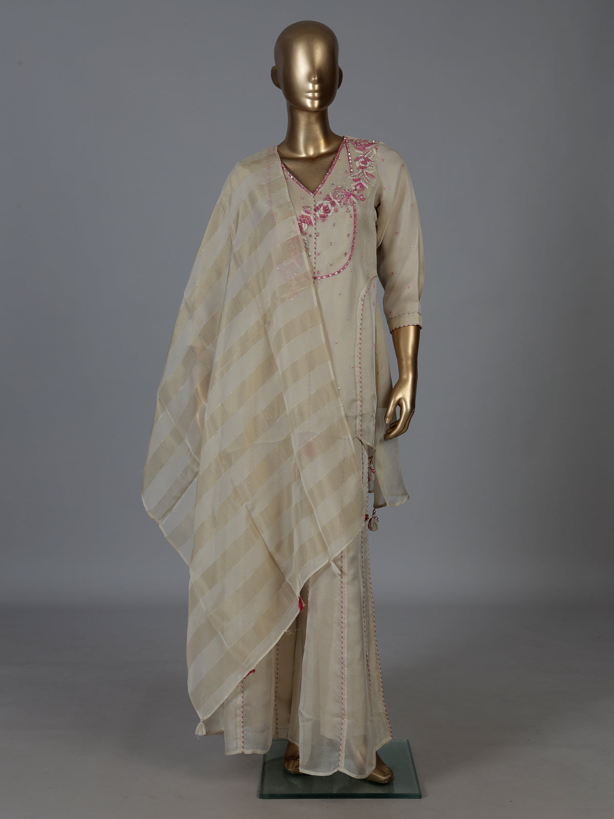 Cream tissue silk embellished palazzo suit ensemble