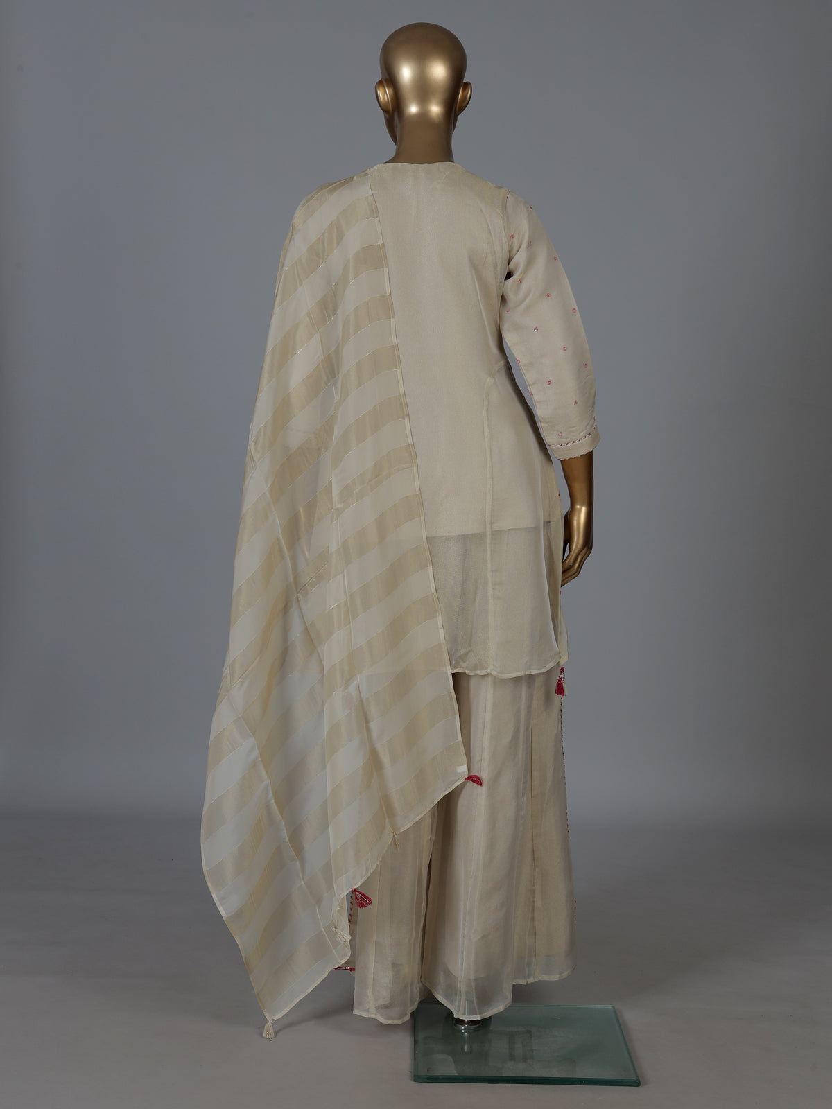 Cream tissue silk embellished palazzo suit ensemble