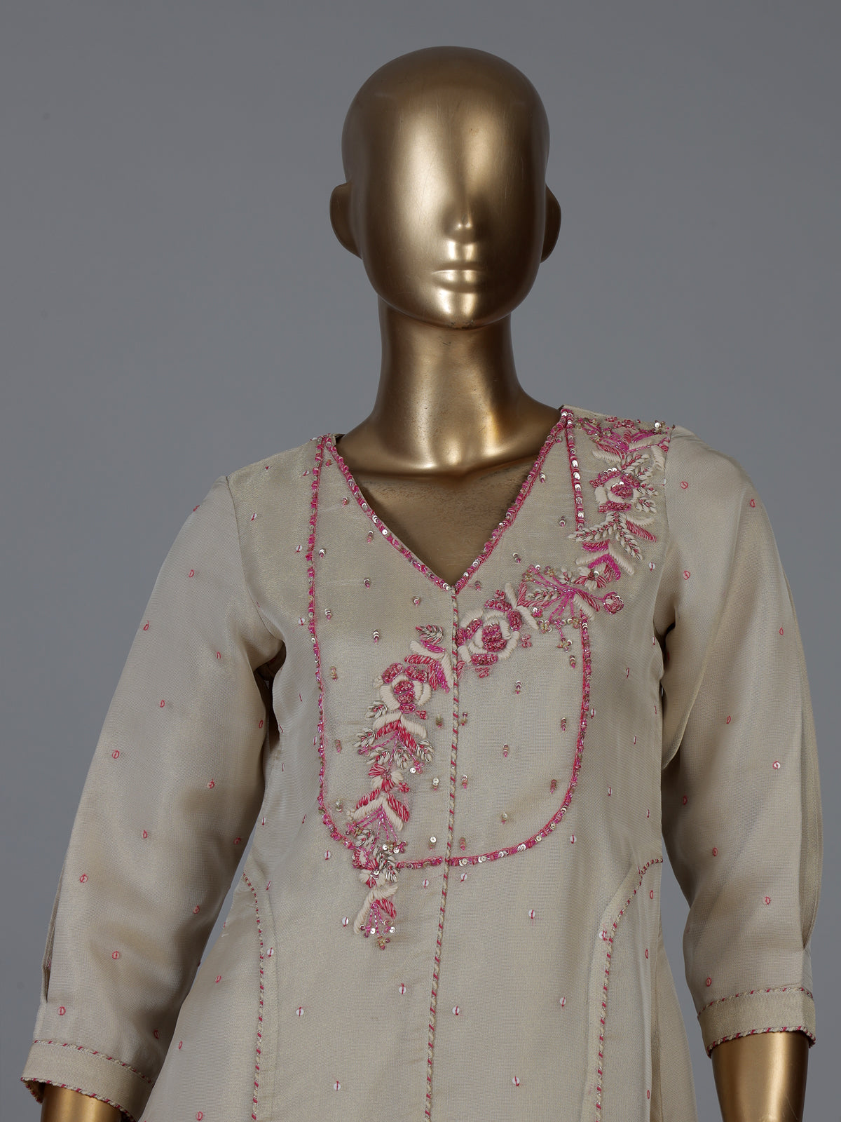Cream tissue silk embellished palazzo suit ensemble