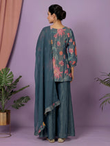 Stone blue silk yoke style palazzo suit