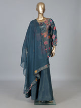 Stone blue silk yoke style palazzo suit