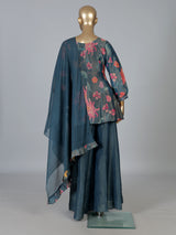 Stone blue silk yoke style palazzo suit