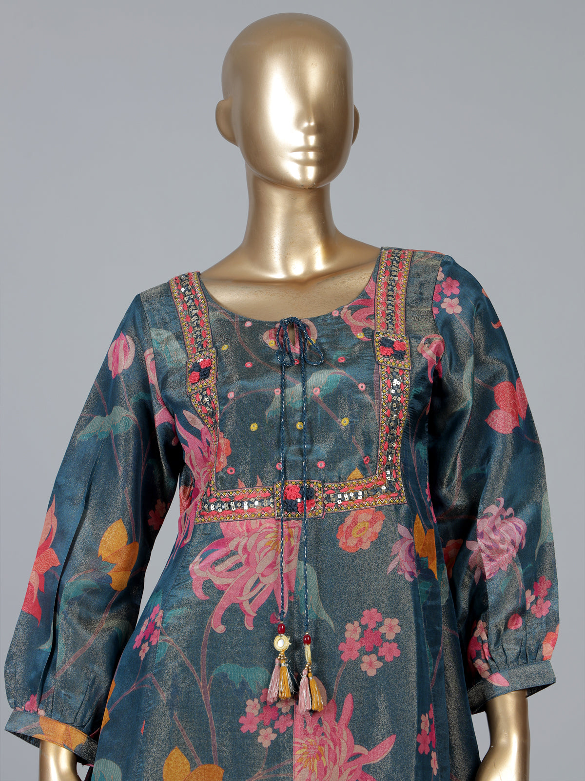 Stone blue silk yoke style palazzo suit