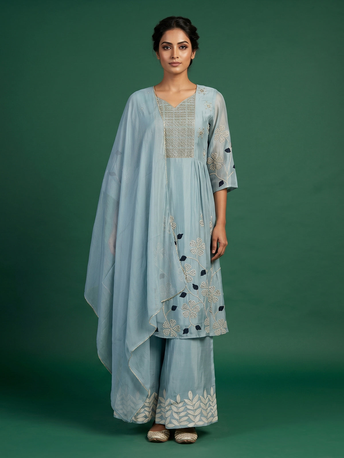 Firozi blue chinon silk palazzo suit with dupatta