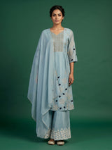 Firozi blue chinon silk palazzo suit with dupatta