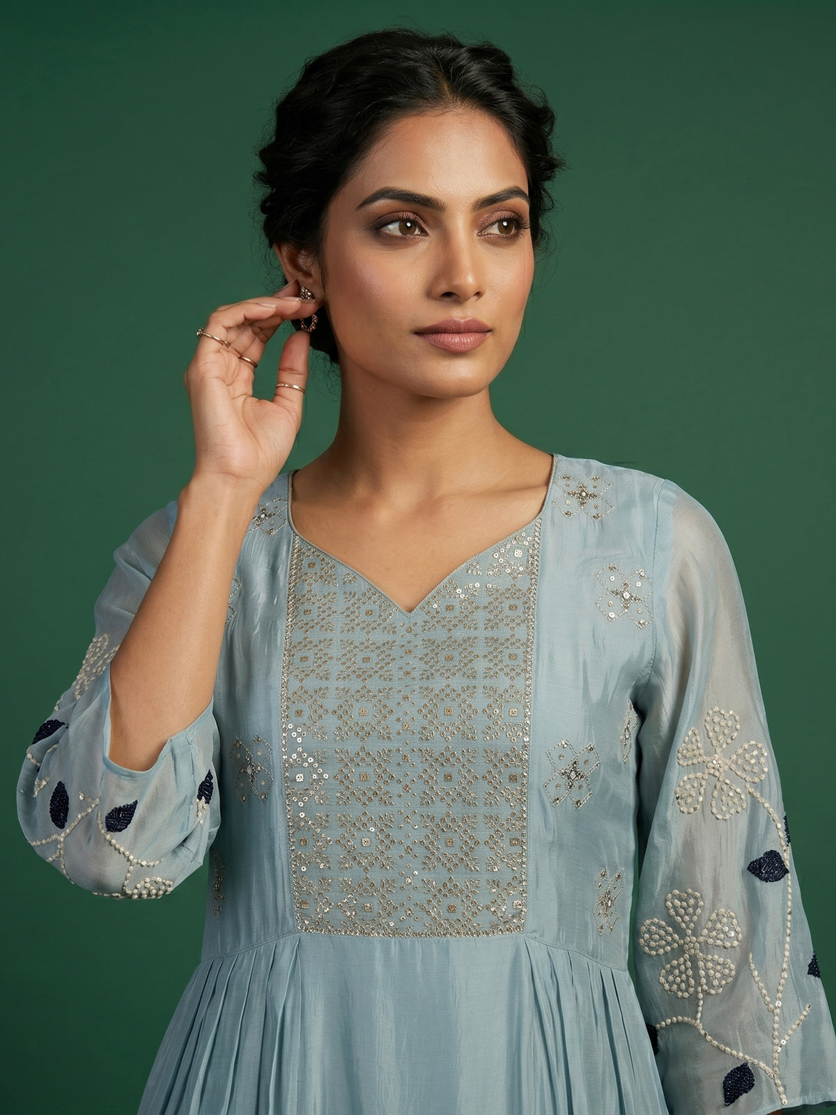 Firozi blue chinon silk palazzo suit with dupatta