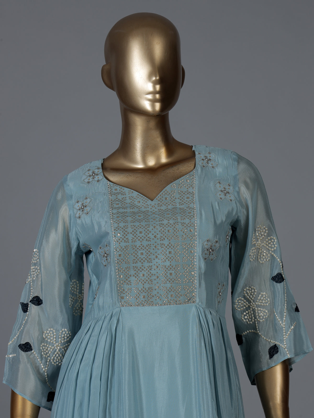 Firozi blue chinon silk palazzo suit with dupatta