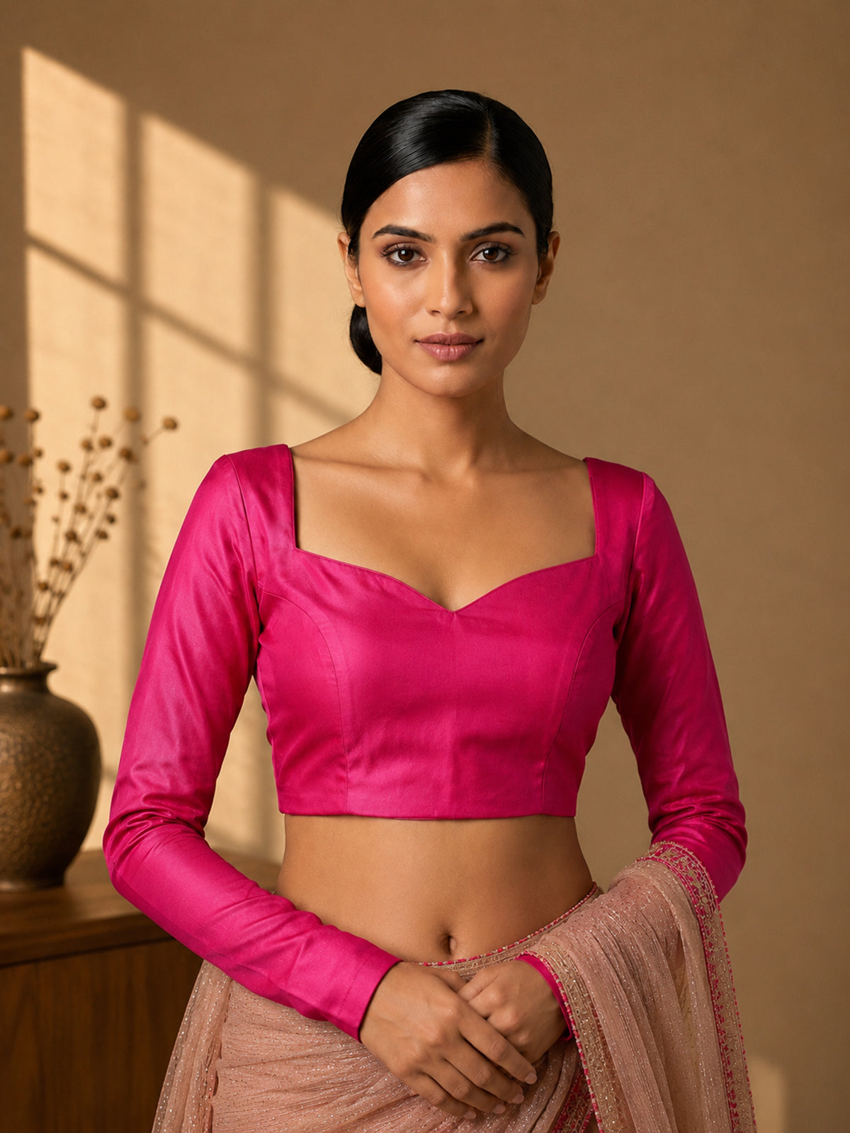 Magenta art silk sweetheart neck full sleeve blouse