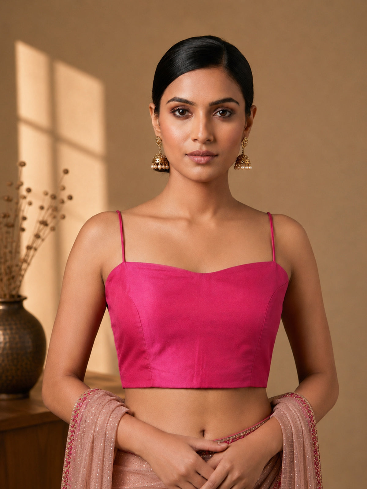Magenta art silk sweetheart neck sleeveless blouse