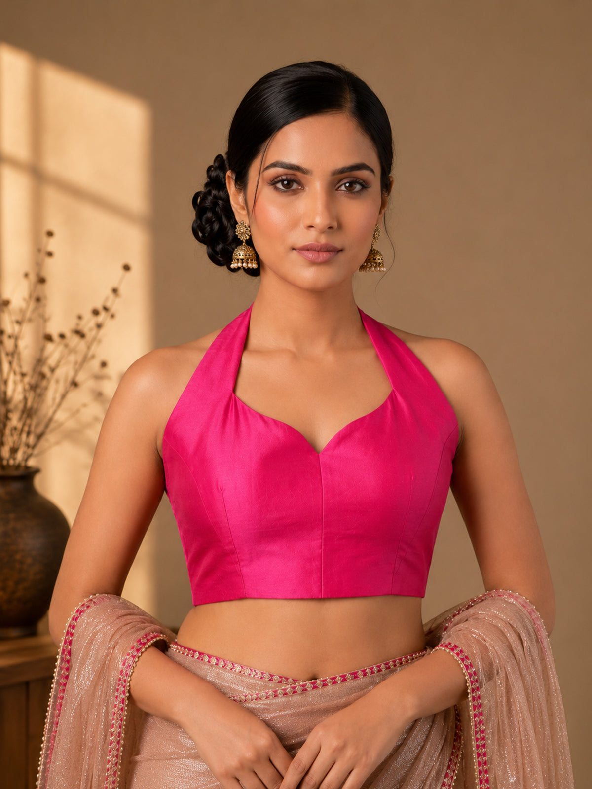 Magenta art silk halter neck sleeveless blouse