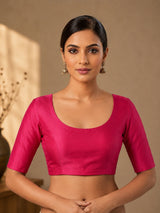 Magenta art silk round neck elbow sleeve blouse