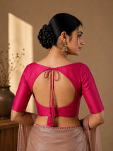 Magenta art silk round neck elbow sleeve blouse