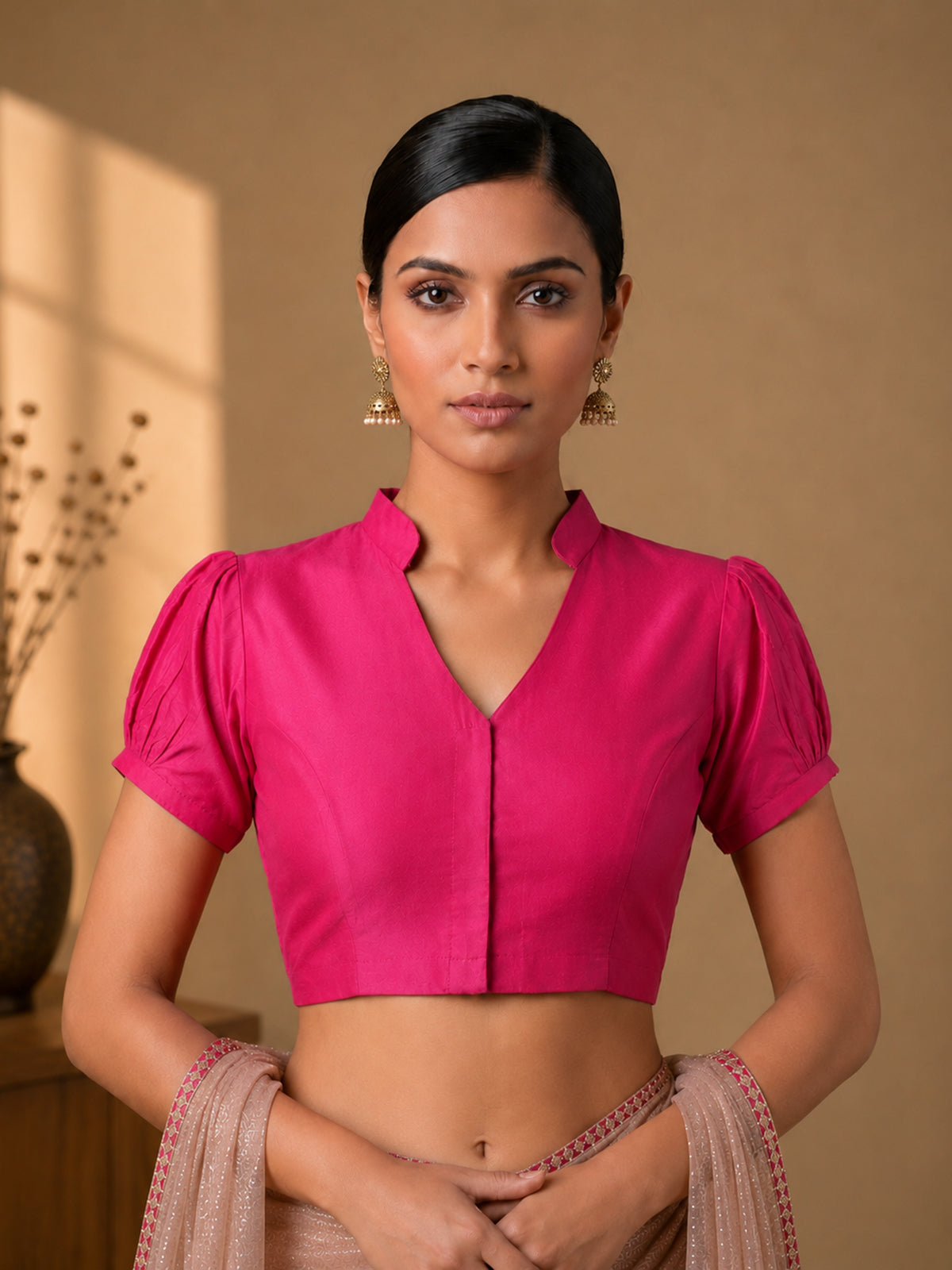 Magenta art silk collared half sleeve blouse