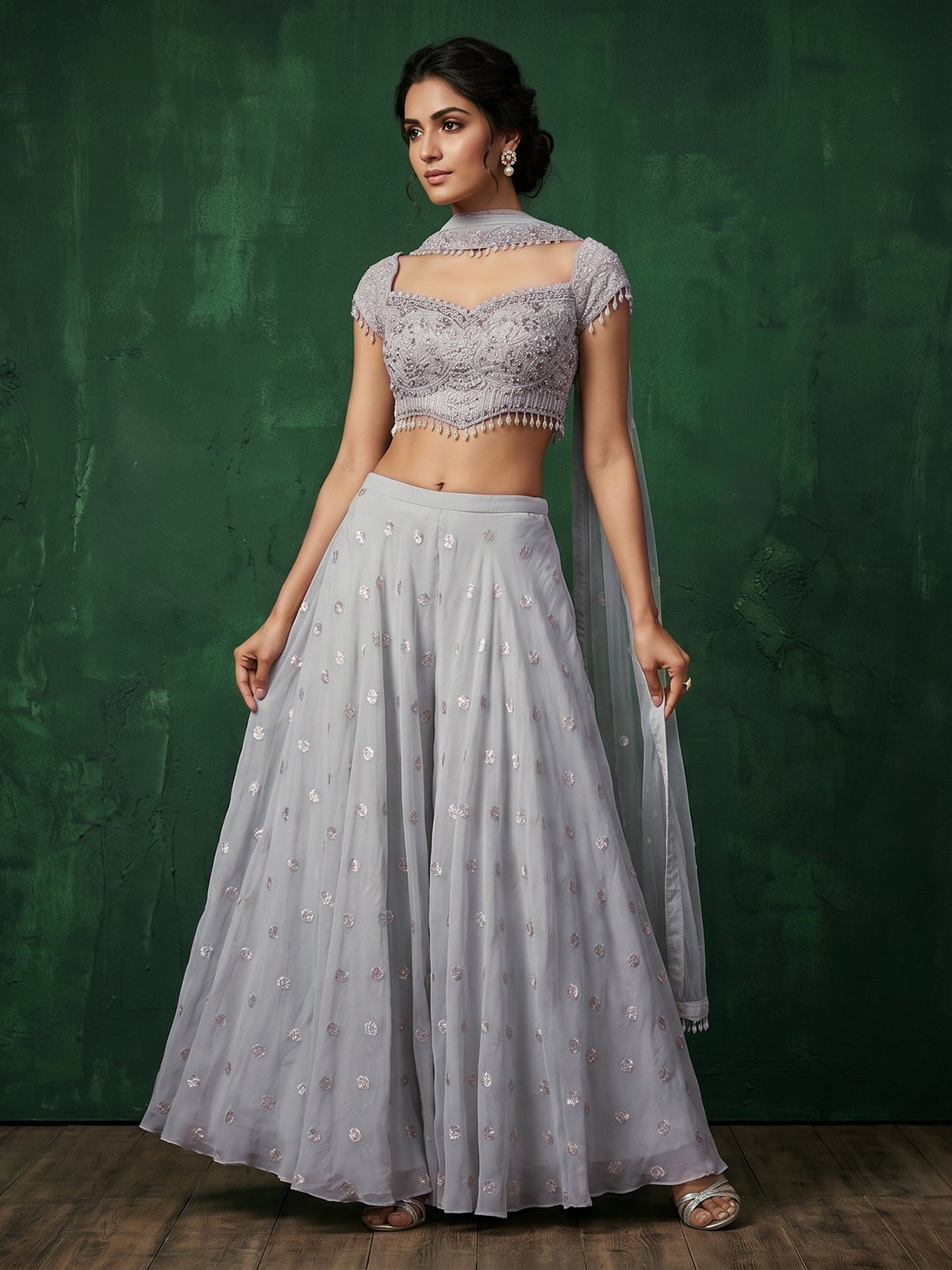 Off white tissue georgette palazzo suit with tassels
