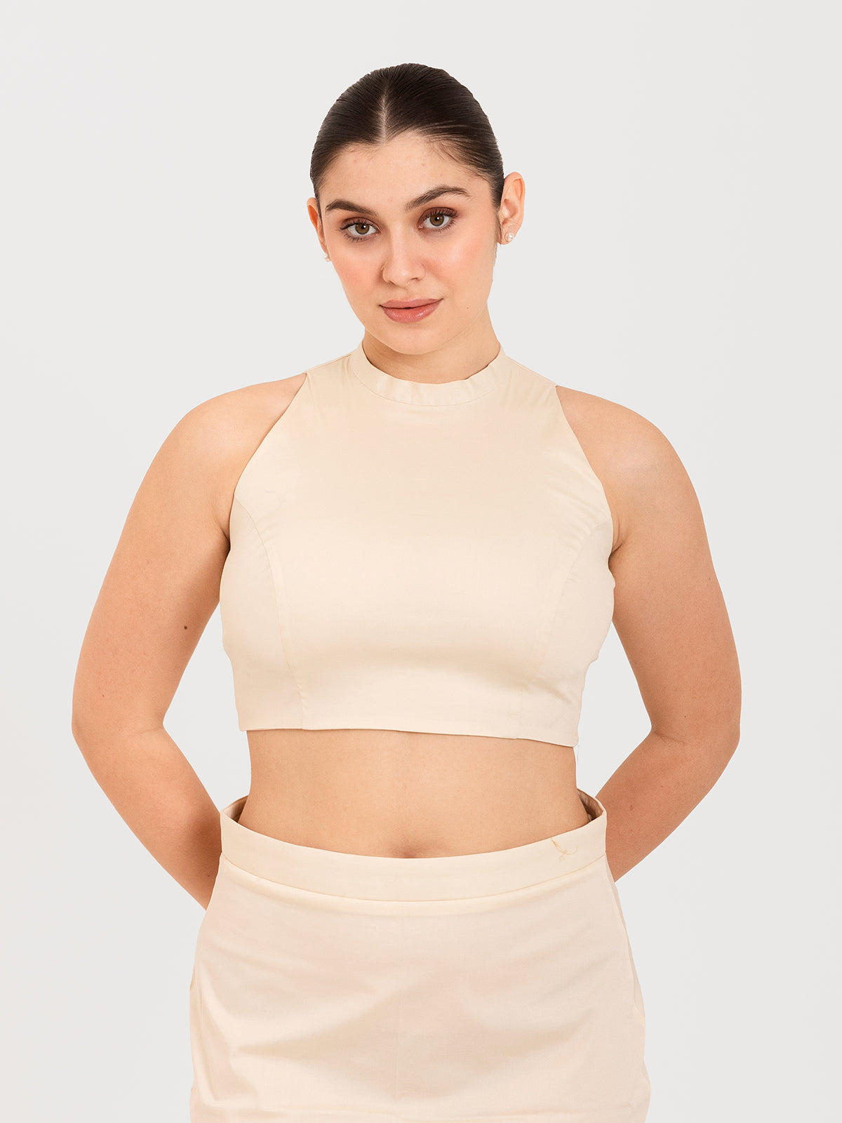 White cotton lycra high halter neck sleeveless blouse