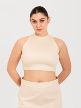 White cotton lycra high halter neck sleeveless blouse