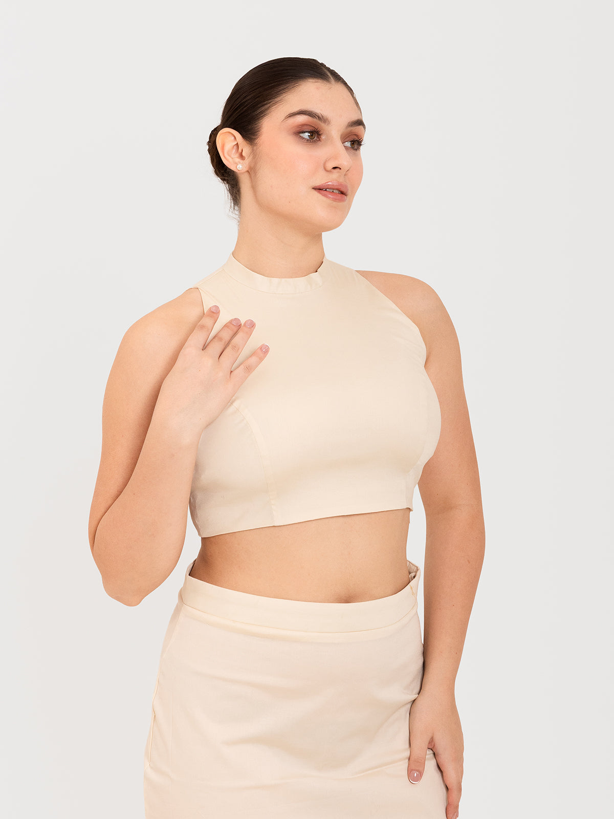 White cotton lycra high halter neck sleeveless blouse