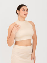 White cotton lycra high halter neck sleeveless blouse