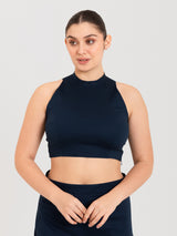Blue cotton lycra high halter neck sleeveless blouse