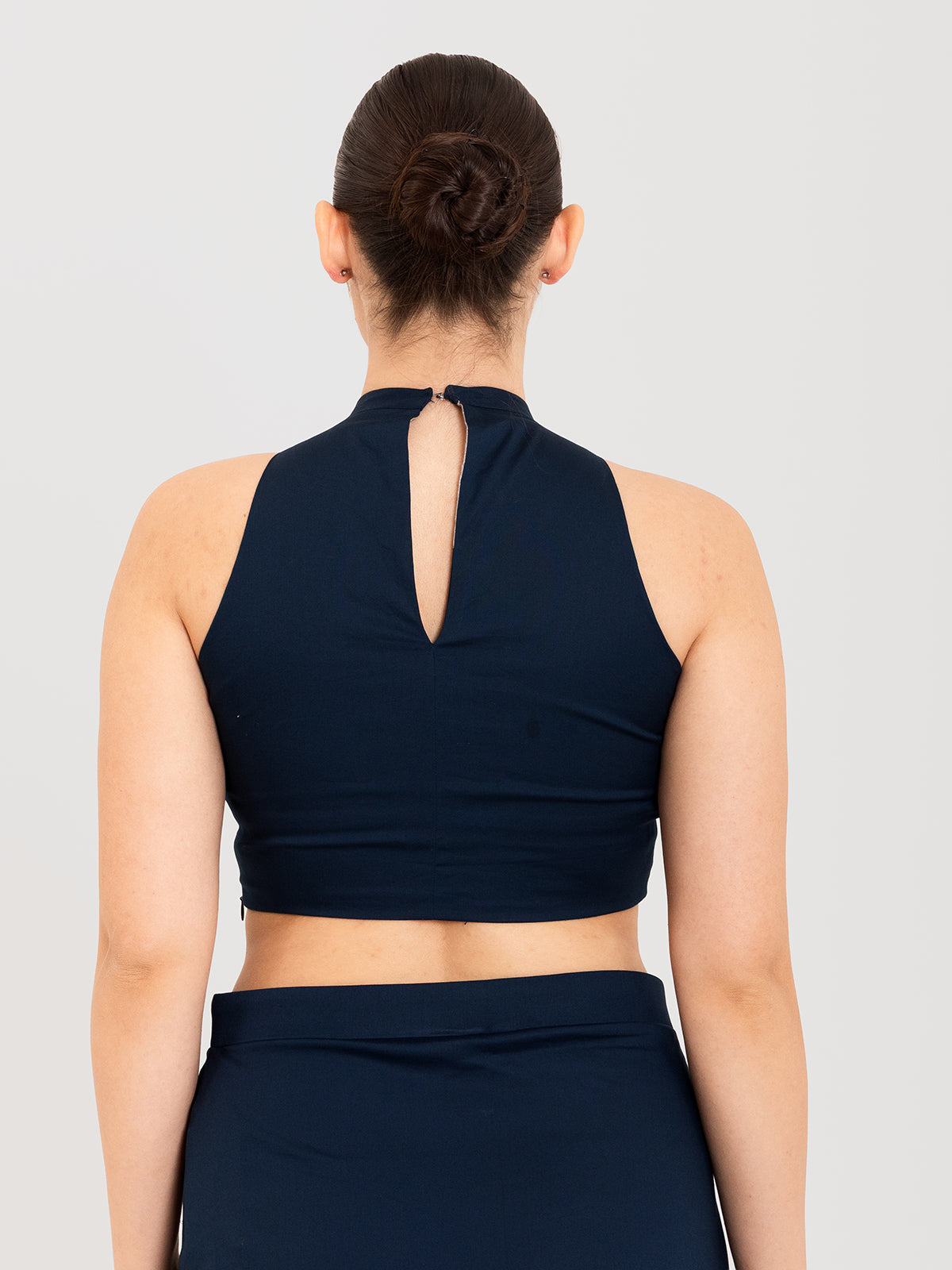 Blue cotton lycra high halter neck sleeveless blouse