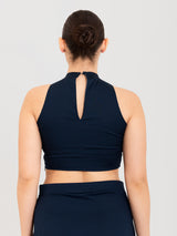 Blue cotton lycra high halter neck sleeveless blouse