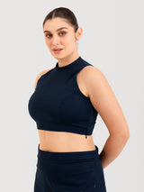 Blue cotton lycra high halter neck sleeveless blouse