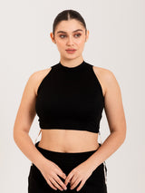 Black cotton lycra high halter neck sleeveless blouse