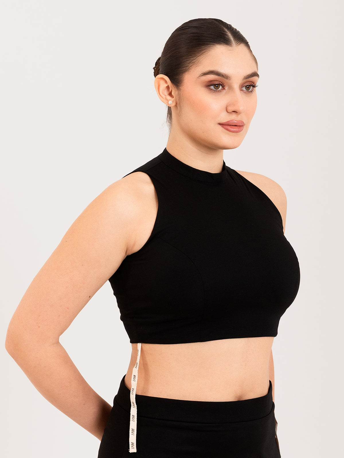 Black cotton lycra high halter neck sleeveless blouse