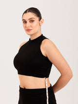 Black cotton lycra high halter neck sleeveless blouse