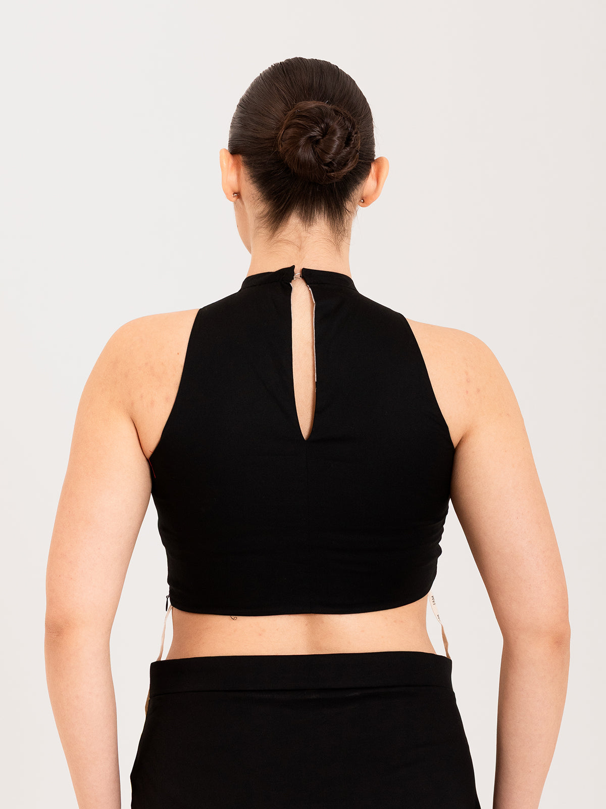Black cotton lycra high halter neck sleeveless blouse