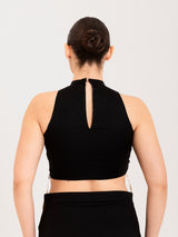 Black cotton lycra high halter neck sleeveless blouse