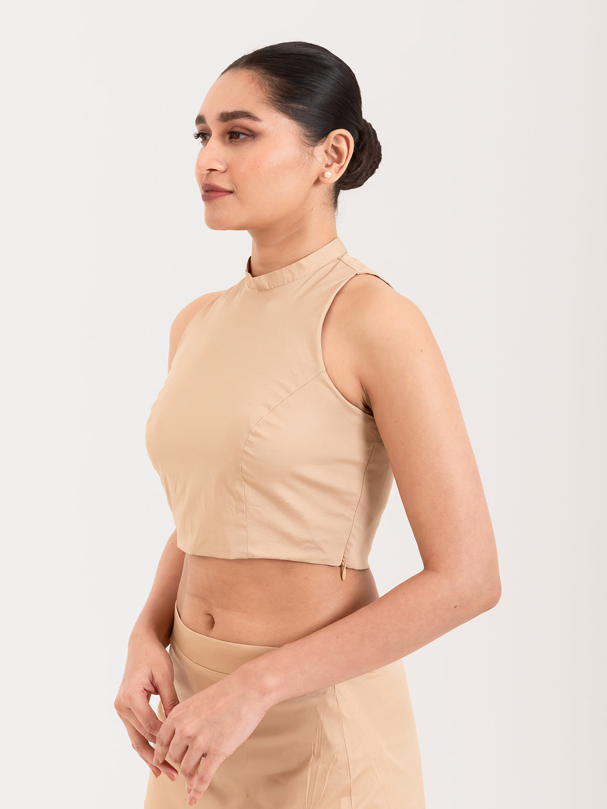 Beige cotton lycra high halter neck sleeveless blouse