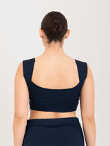 Blue cotton lycra curved sweetheart neck sleeveless blouse