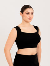 Black cotton lyra curved sweetheart neck sleeveless blouse