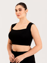 Black cotton lyra curved sweetheart neck sleeveless blouse