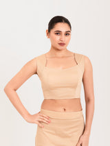 Beige cotton lycra curved sweetheart neck sleeveless blouse