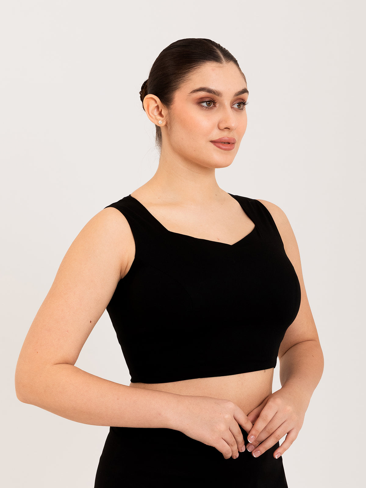 Black cotton lycra sweetheart neck sleeveless blouse
