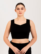 Black cotton lycra sweetheart neck sleeveless blouse