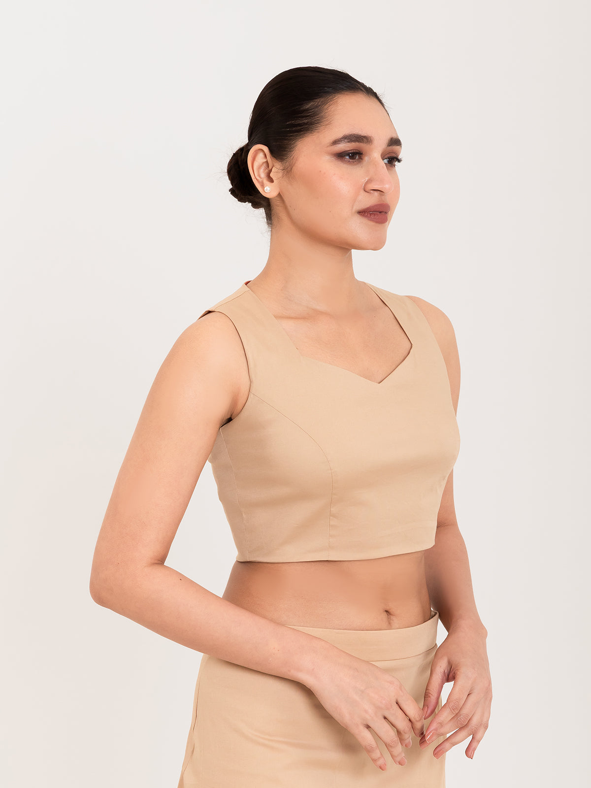 Beige cotton lycra sweetheart neck sleeveless blouse