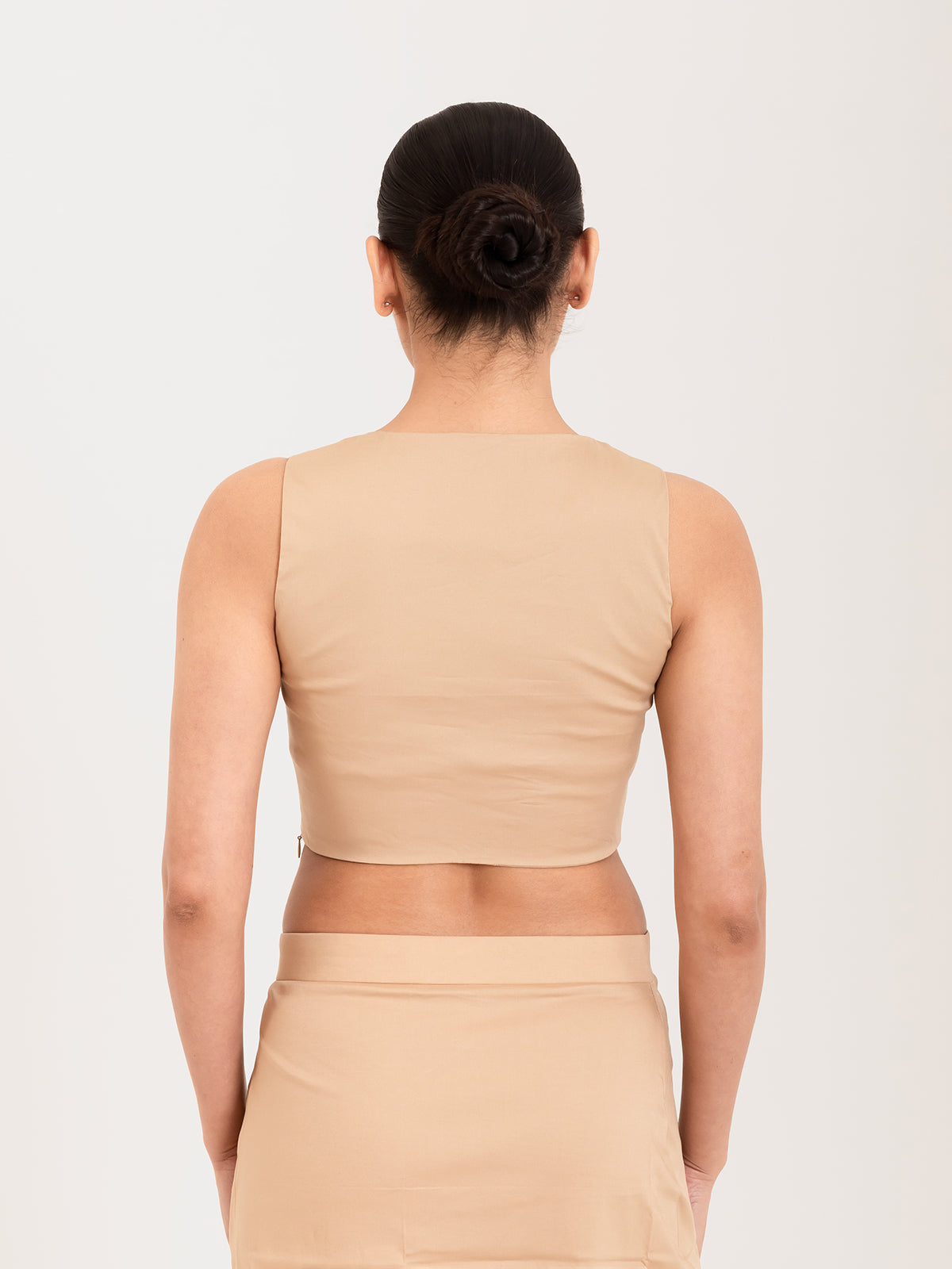 Beige cotton lycra sweetheart neck sleeveless blouse