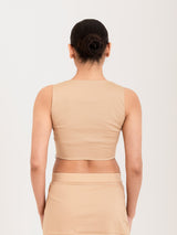 Beige cotton lycra sweetheart neck sleeveless blouse
