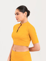 Yellow cotton lycra collar neck sleeveless blouse